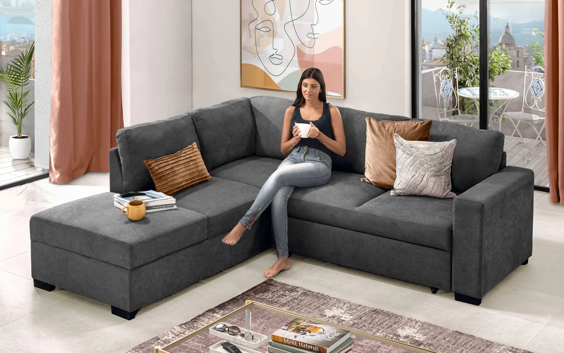 Divano letto angolare con pouf contenitore sinistro - meccanismo estraibile