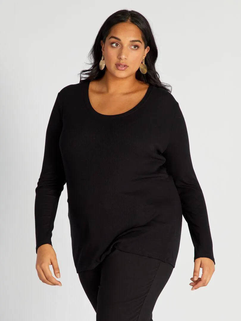 T-shirt a coste morbida e con scollo ampio - nero