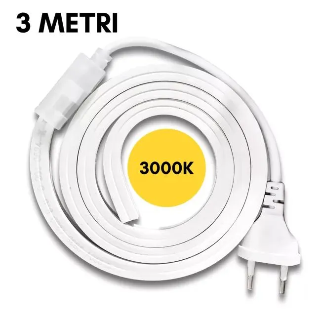 Striscia LED SMD 2835 120D Impermeabile IP65 220V per Profili da 10mm Flessibile Resistente potente per Interni ed Esterni BIANCO CALDO 3000K 3MT