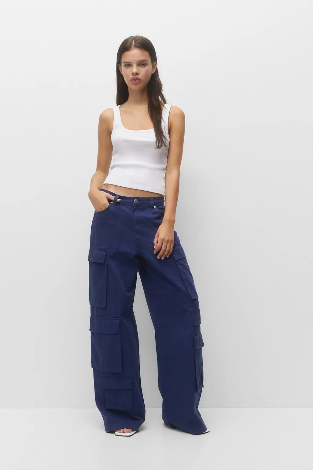 PANTALONI CARGO BLU MULTITASCHE