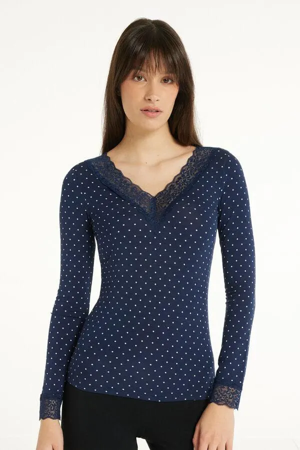 Maglia Manica Lunga Scollo a V con Pizzo