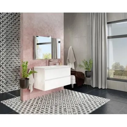 Pensile bagno Cube rovere bianca con lavabo e specchio 100 cm