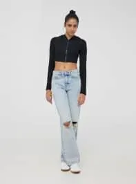 Cardigan crop a costine con cappuccio Nero