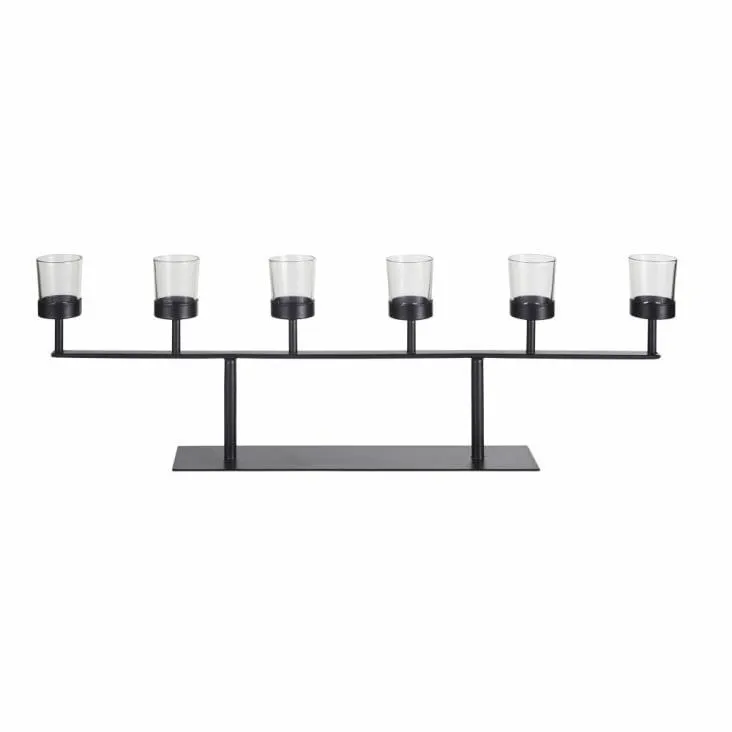Portacandela in metallo nero e vetro trasparente