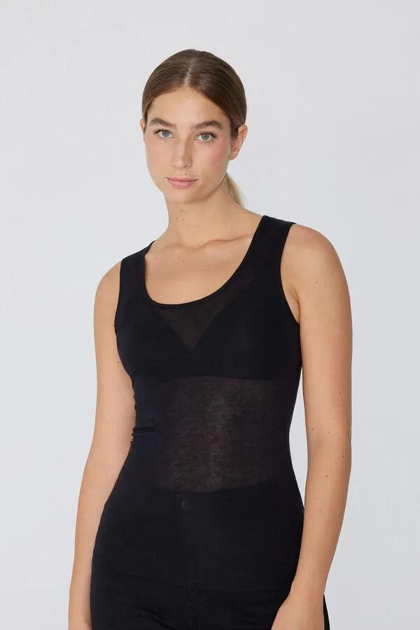 Canotta Spalla Larga Viscosa e Lana Merino