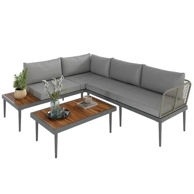 Outsunny Set da Esterno 3 Pezzi con 2 Divanetti 2 Posti e Tavolino Basso, in Rattan e Acciaio Grigio e color Legno