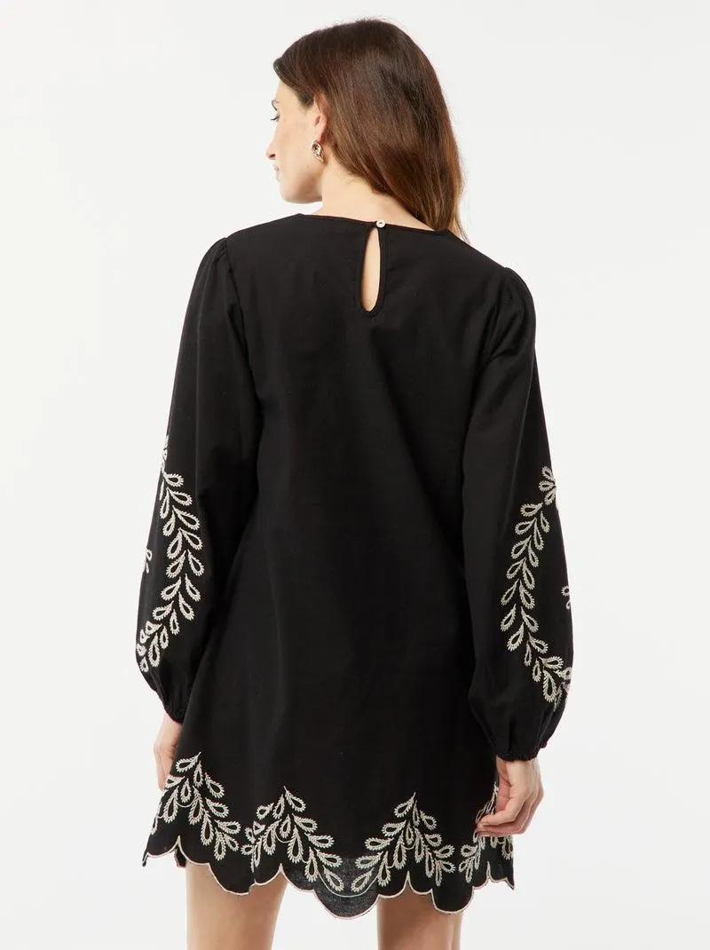 Vestito corto con maniche lunghe a sbuffo ricamate - nero