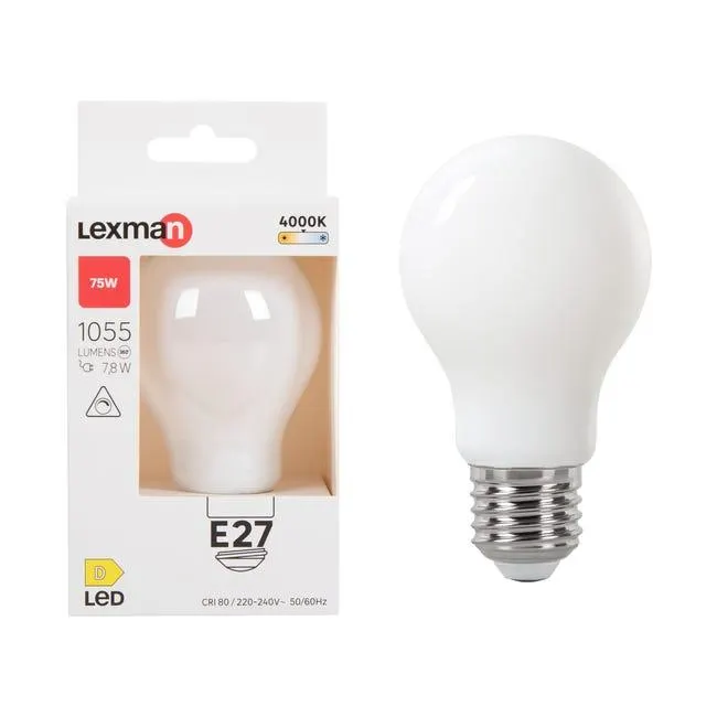 Lampadina LED, E27 goccia, opaco, luce naturale, 7.8W= 1055 LM (equiv 75 W), 330° dimmerabile, LEXMAN