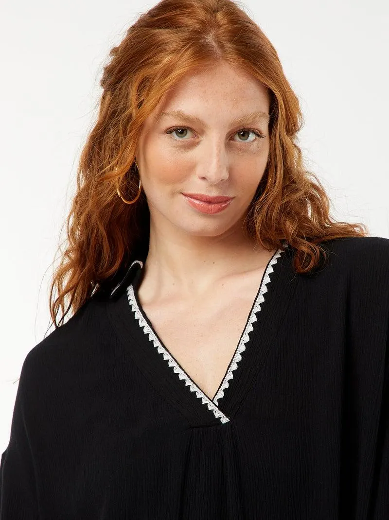 Camicia midi da mare lunga con scollo ricamato - nero