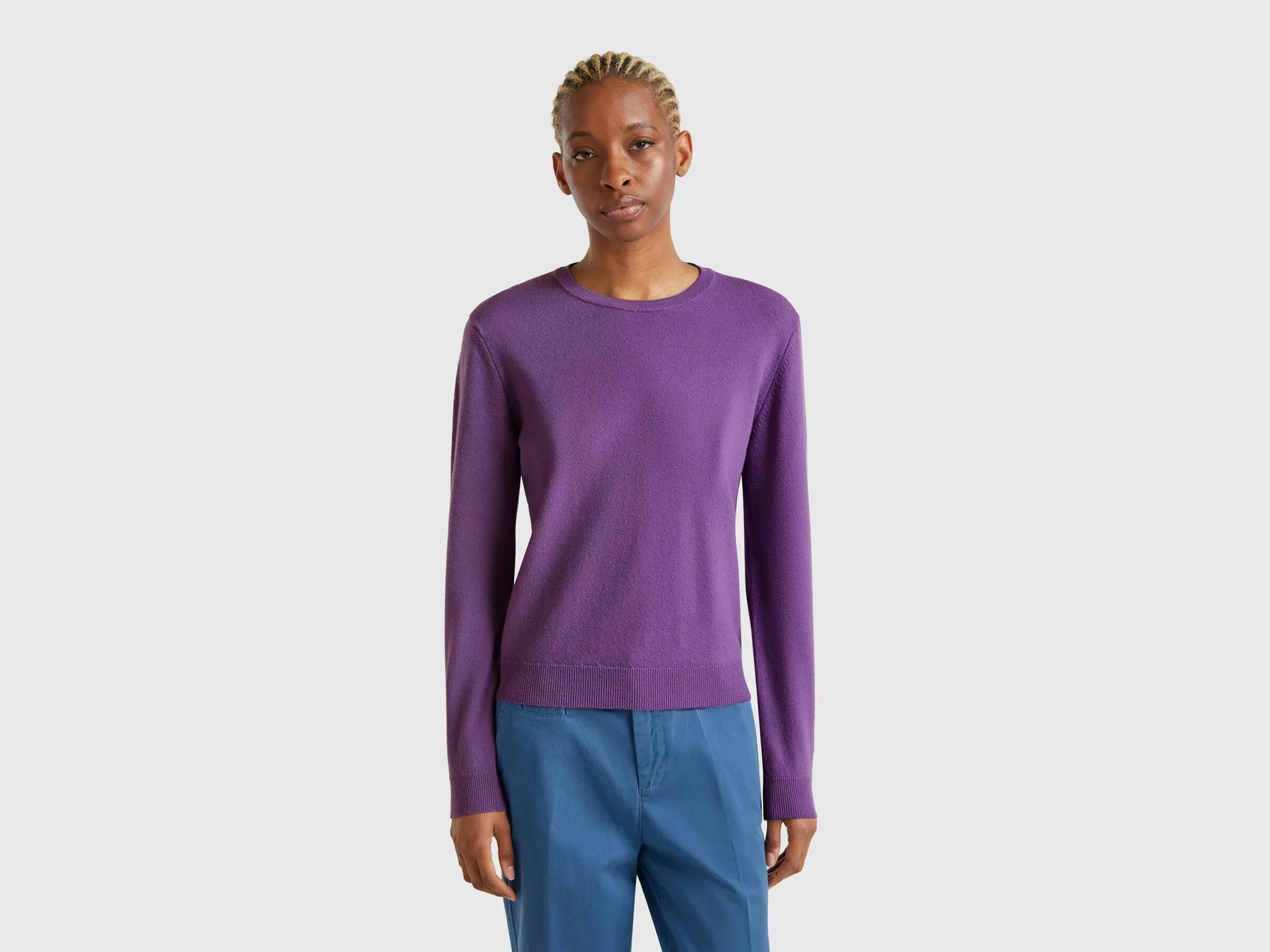 Maglia girocollo viola in lana Merino