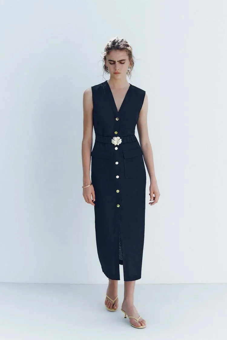 VESTITO MIDI CON CINTURA E LINO