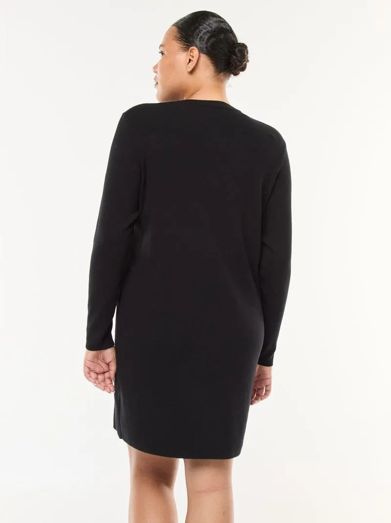 Abito corto in maglia fine con scollo a V e bottoni dorati - Nero