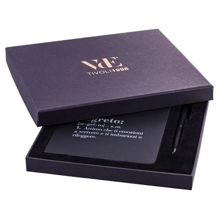 Set taccuino e penna, con scritta, copertina rigida, nero, Victionary