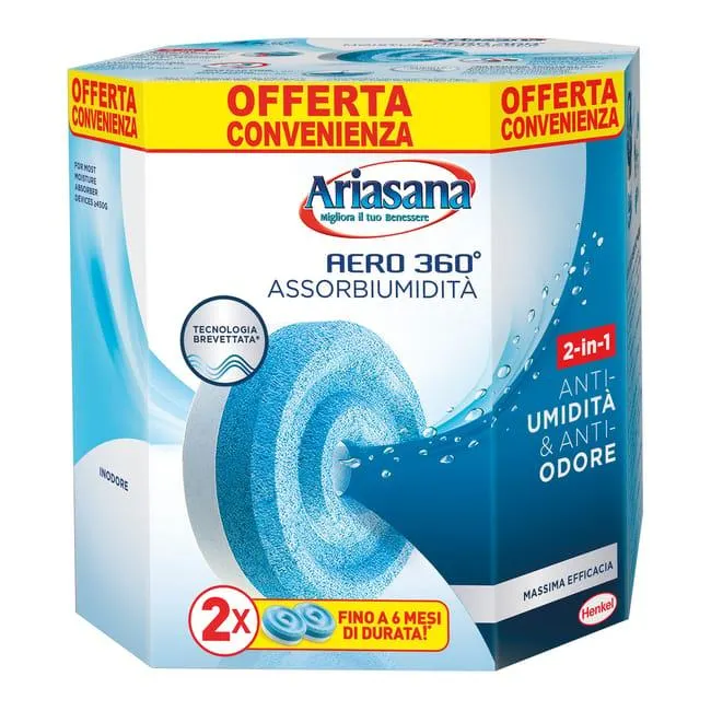 Ricarica Sali assorbiumidità HENKEL Ariasana Aero 360° tab set 2 tab da 450 g per stanza da 20 mq, neutro