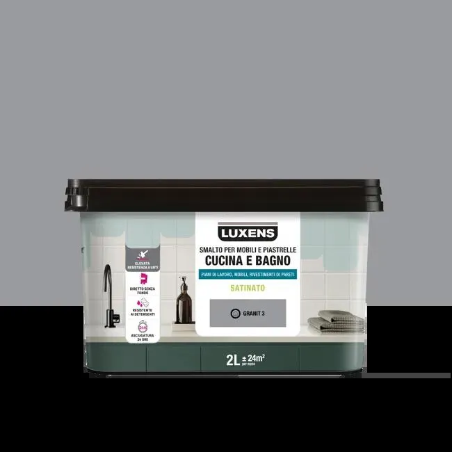 Smalto da interno per mobile e piastrelle super lavabile, antimacchia, LUXENS Cucina e Bagno grigio granit 3 satinato, 2 L