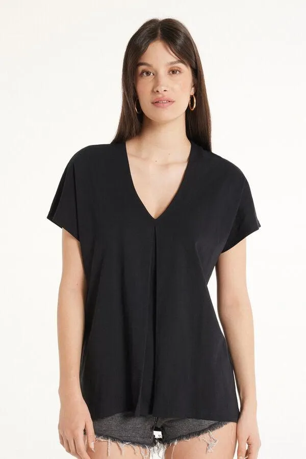 T-Shirt Scollo a V con Pince in Cotone