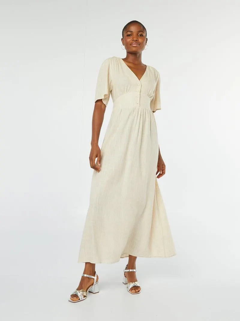 Vestito lungo in misto lino - BEIGE