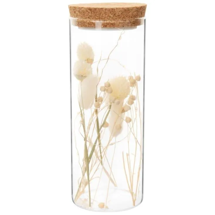 Barattolo luminoso in vetro, tappo in sughero e fiori secchi alt. 21 cm - Lotto di 2