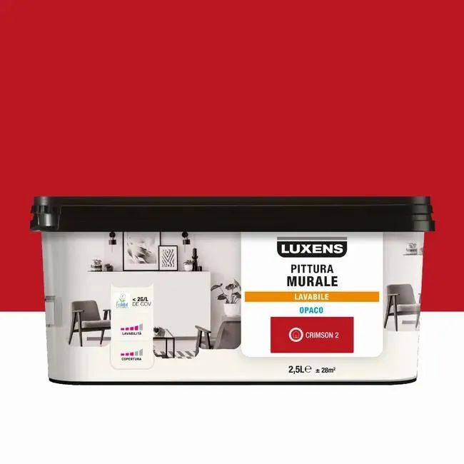 Pittura per interni per parete e soffitto lavabile, LUXENS rosso crimson 2 opaco, 2.5 L