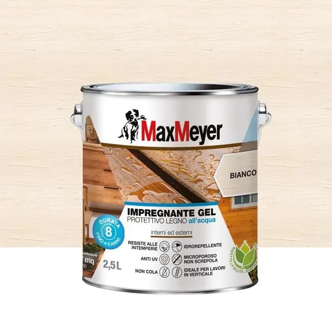 Impregnante per legno da esterno a base acqua MAXMEYER Gel bianco opaco 2.5 lt, 8 anni di protezione.