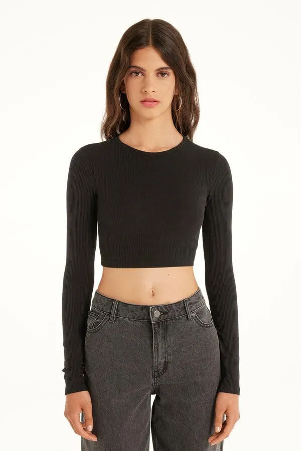 Maglia Corta a Manica Lunga Girocollo a Costine