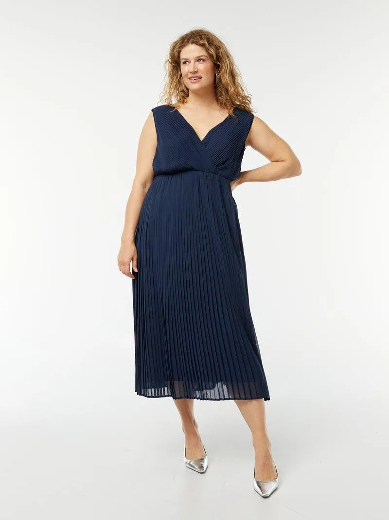 Vestito midi senza maniche in tessuto plissettato - BLU