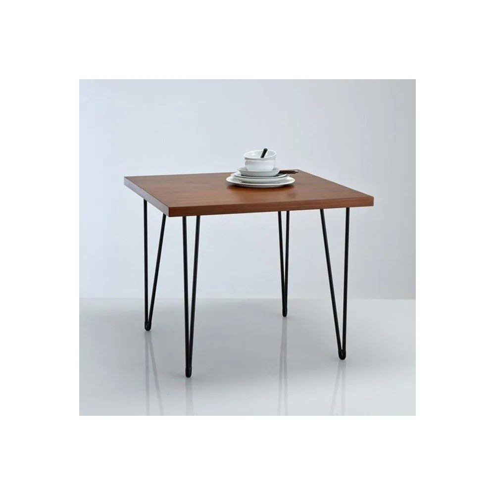 Extravaganza - Mesa de comedor cuadrada estilo vintage con pies aguja metálicos y color nogal