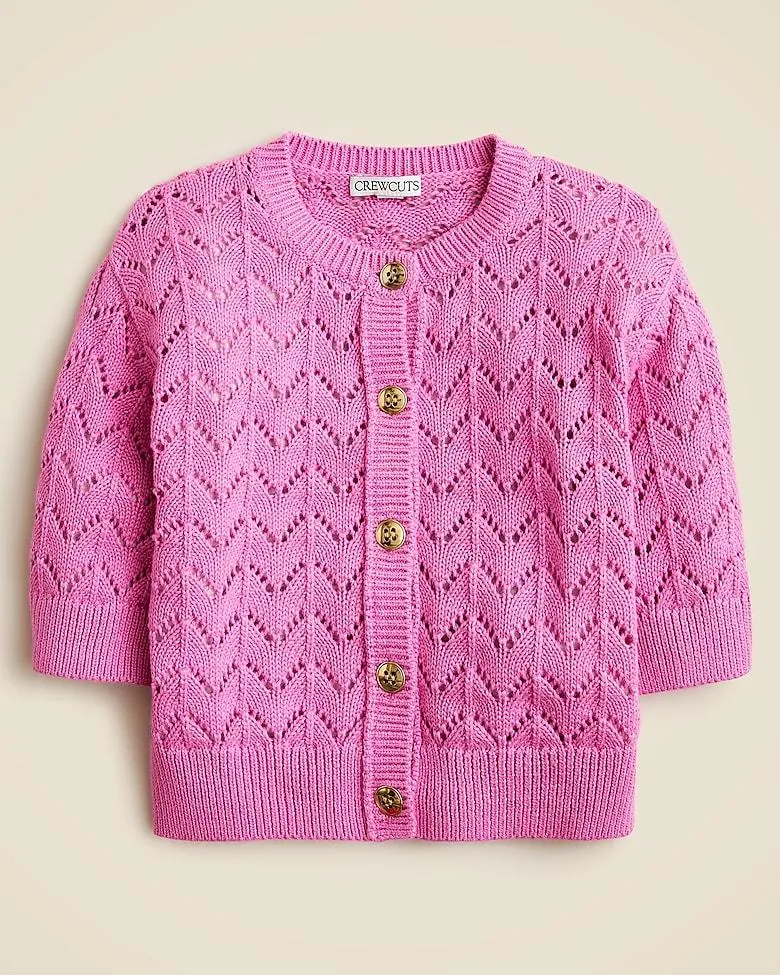 Girls' elbow-sleeve pointelle-knit cardigan
