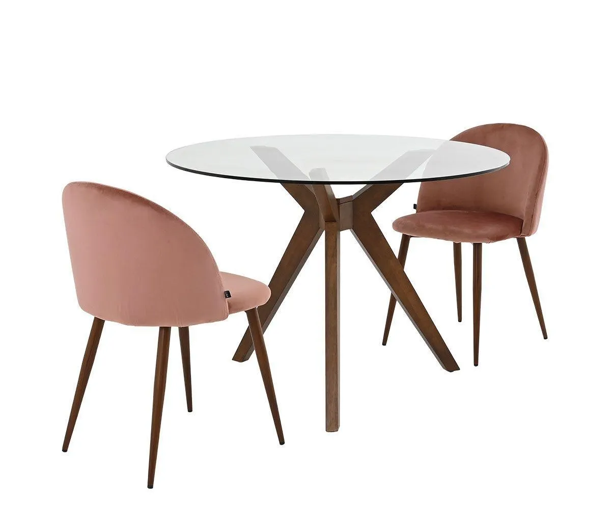 Mesa de comedor Tulum - Nogal + 2 Sillas Jonotla velvet pata nogal - Rosa