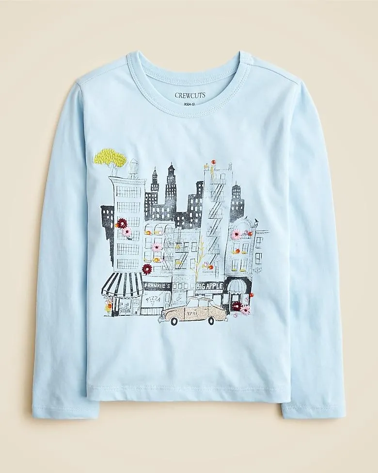 Girls' long-sleeve NYC street graphic T-shirt with embroidery