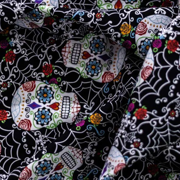 Algodón Estampado Digital Día de Muertos | Calaveras y Telarañas
