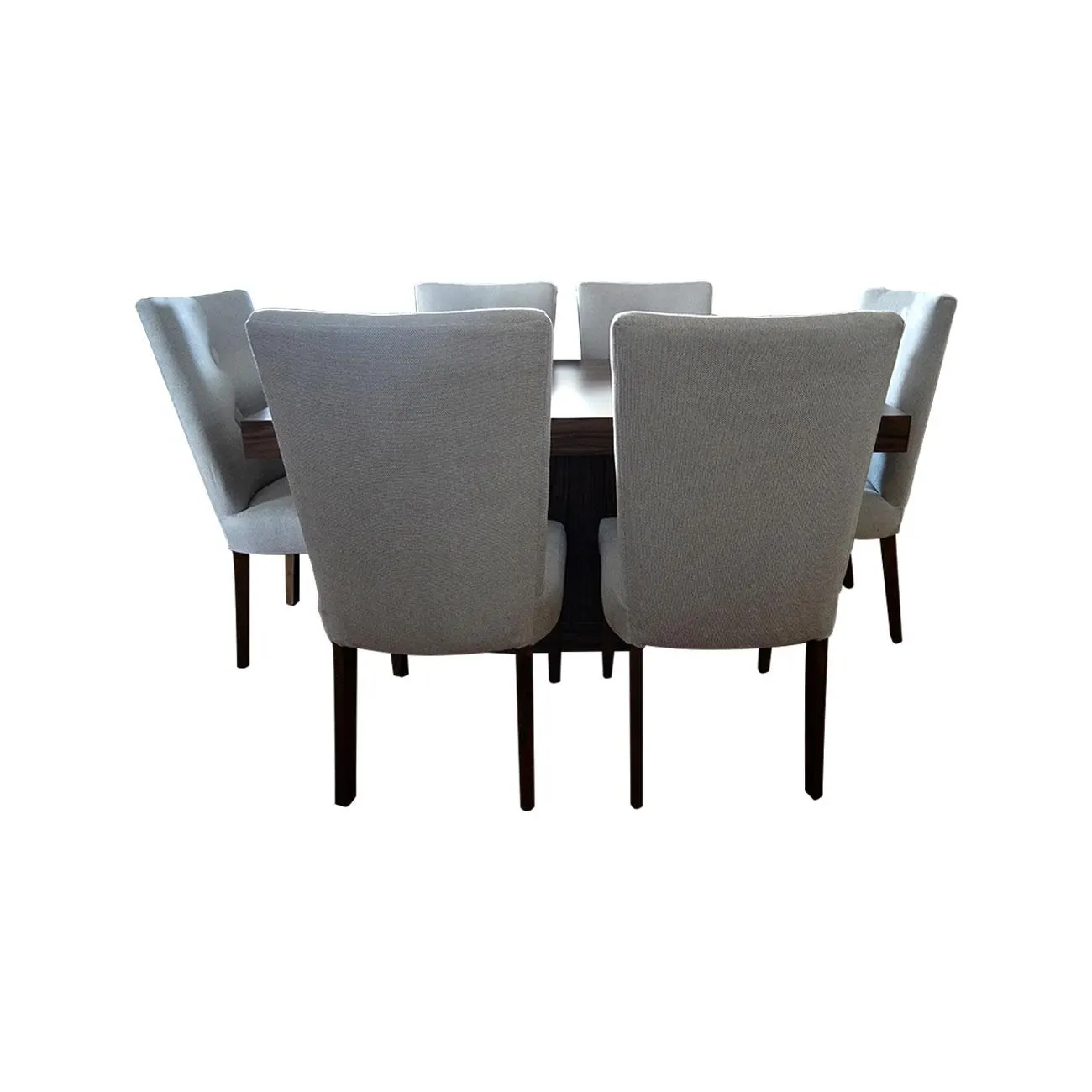 COMEDOR FORMADO POR MESA 1X1.60 Y 6 SILLAS COLOR NOGAL AMERICANO Y SILLAS TAPIZADAS EN UCRANIA ANKY