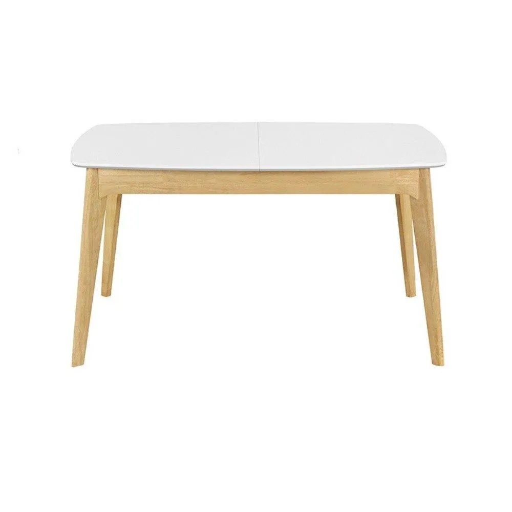 Evora - Mesa de comedor estilo moderno extensible y rectangular con cubierta blanca, base y extensión de madera