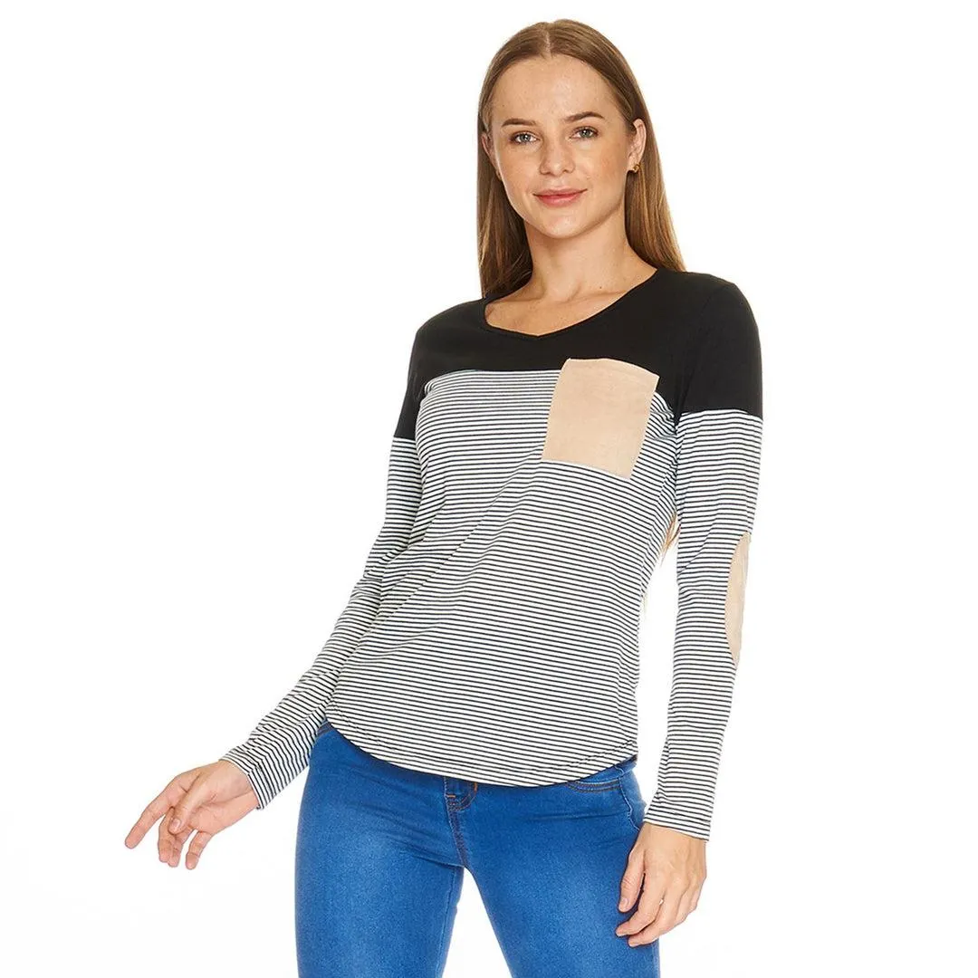 Blusa Moda Casual Mujer Manga Larga A Rayas Cómoda Negro