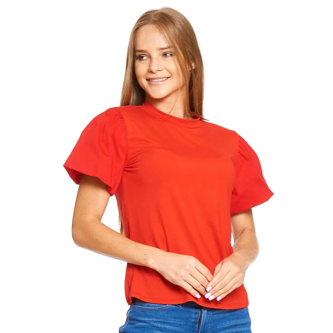 Blusa Mujer Manga Corta Globo Cuello Redondo Casual Rojo