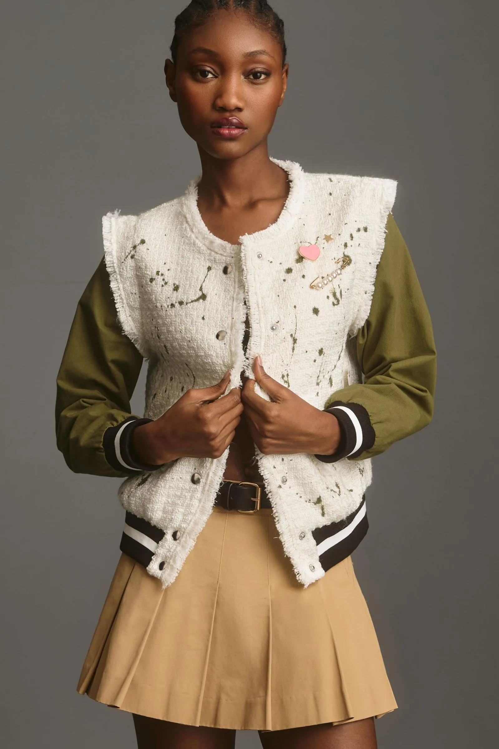 By Anthropologie Paint Splatter Tweed Bomber Jacket