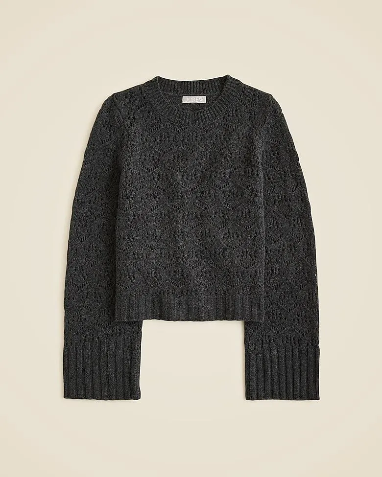 Wide-sleeve pointelle crewneck sweater in merino wool
