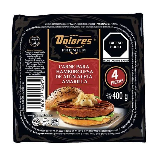 Carne para hamburguesa Dolores Premium de atún aleta amarilla 400 g congelado