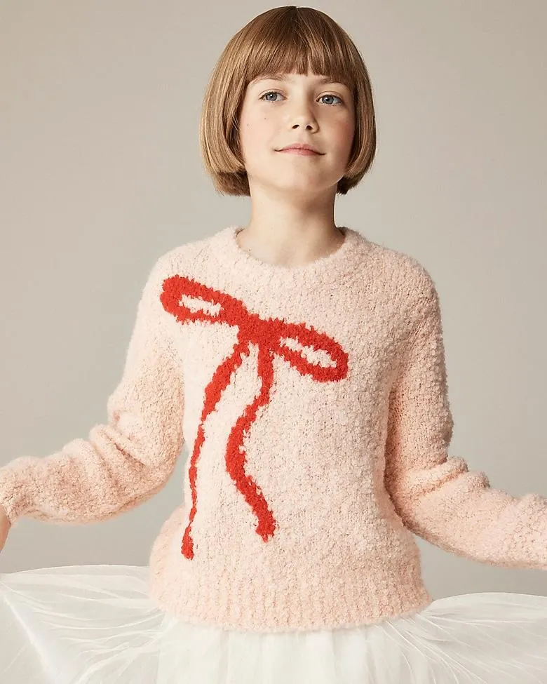 Girls' bow crewneck sweater in bubble yarn