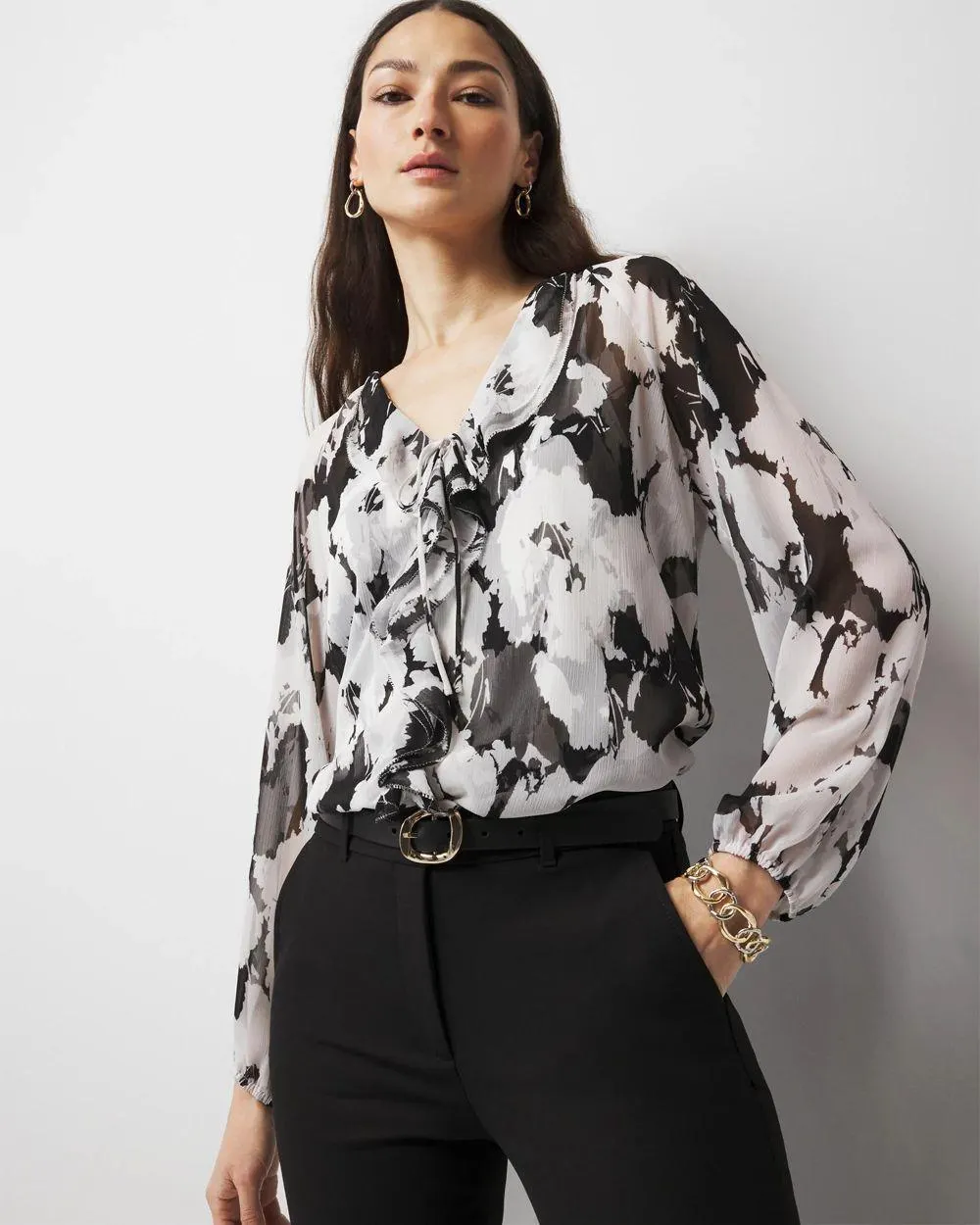 Printed Ruffle Front Blouse