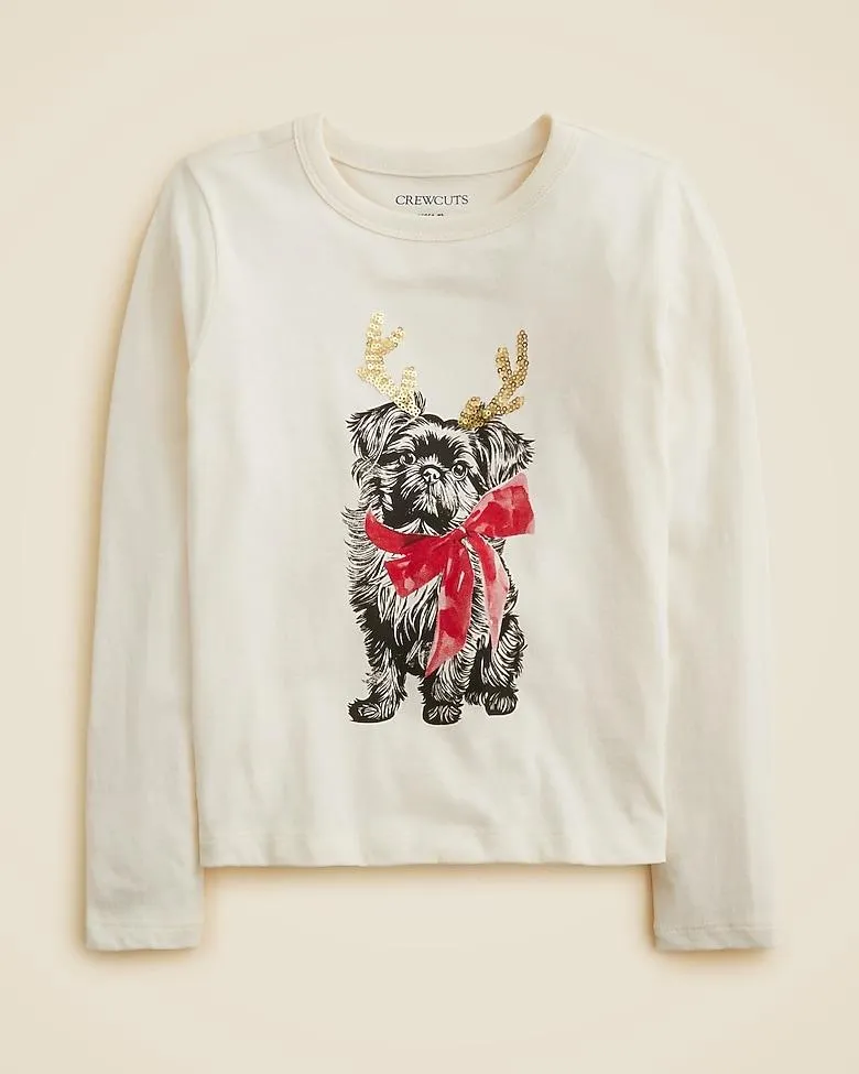 Girls' long-sleeve antler pup graphic T-shirt with sequins