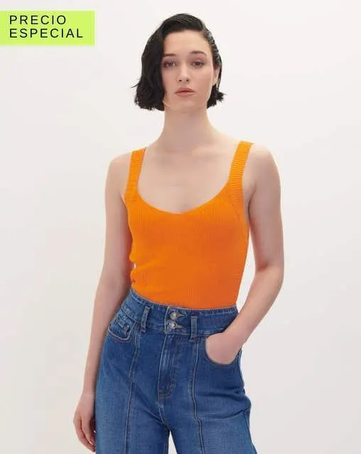 Blusa Naranja De Punto Sin Mangas Escote V
