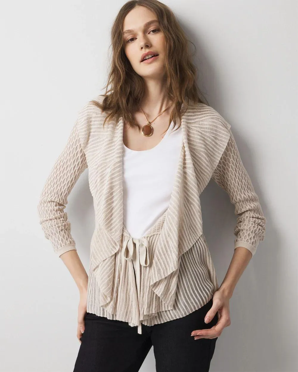 Long Sleeve Pointelle Peplum Sweater Cardigan