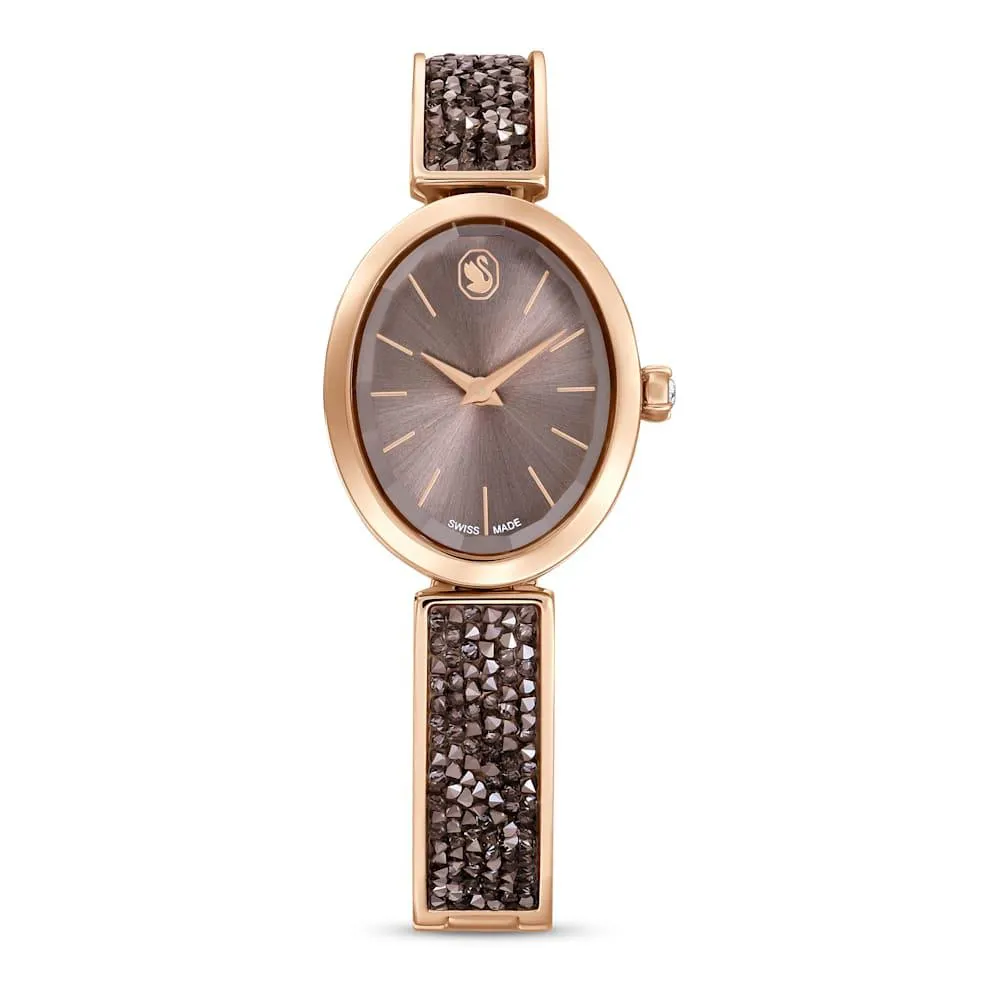 Reloj Crystal Rock Oval, Fabricado en Suiza, Brazalete de metal, Negro, Acabado tono oro rosa