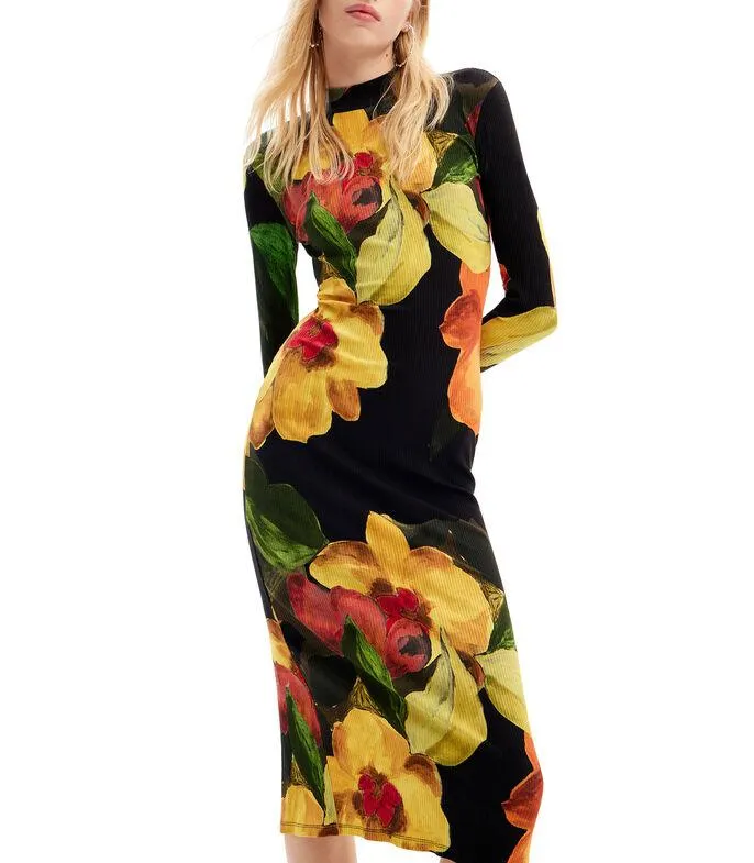 Vestido largo con flores manga larga Mujer