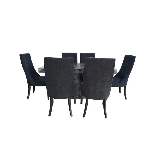 COMEDOR PRESLEY 1X1.60 MDF COLOR NEGRO CON VETA CARDEADO 6 SILLAS BOSNIA C/BOTON TELA BLOOM
