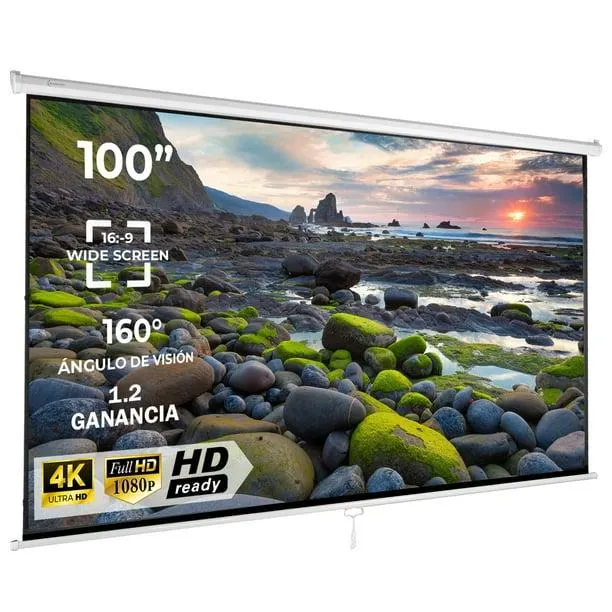 Pantalla Proyector Manual 100pulg. AUDIOTEK Blanco Intenso Blackout 16:9 Quick Release