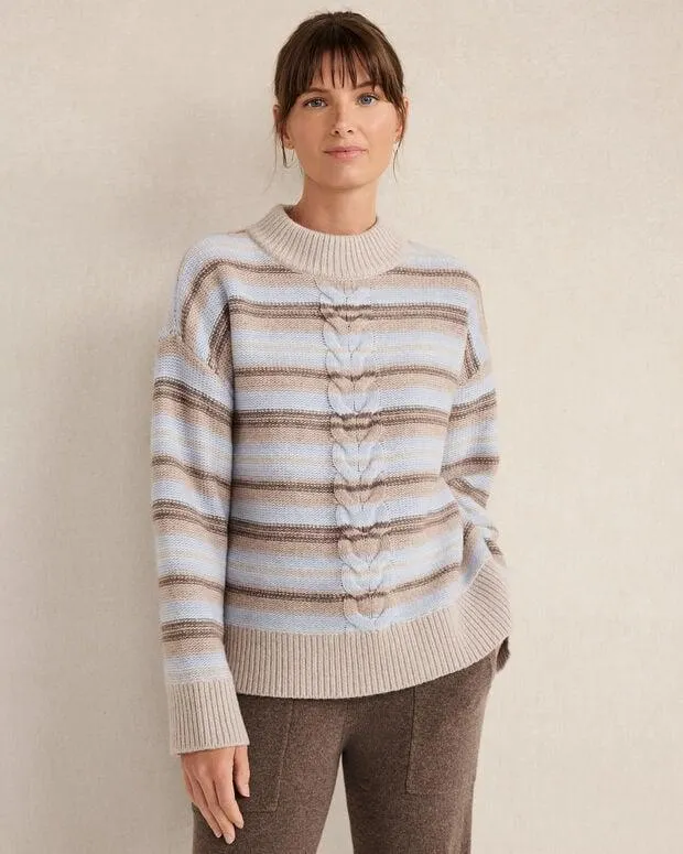 Wool Blend Cable Stripe Crewneck Sweater