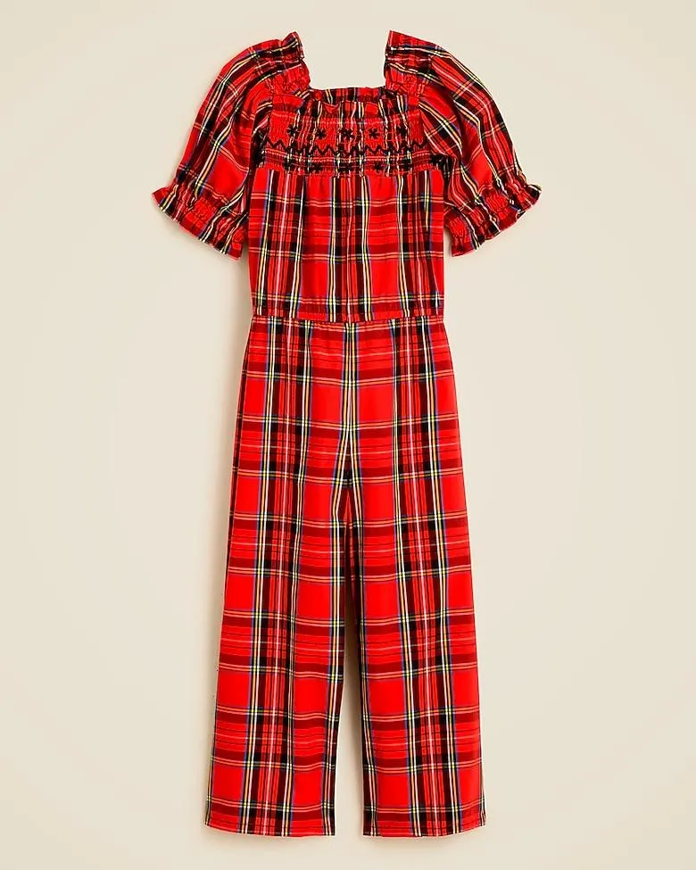 Girls' smocked jumpsuit in Good Tidings plaid