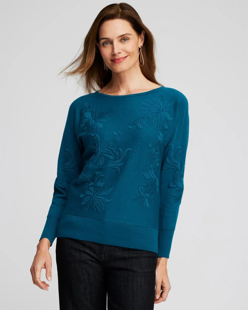 Blue Textured Floral Pullover Sweater